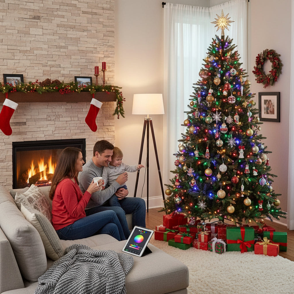 Pre-decorated artificial Christmas tree with lights