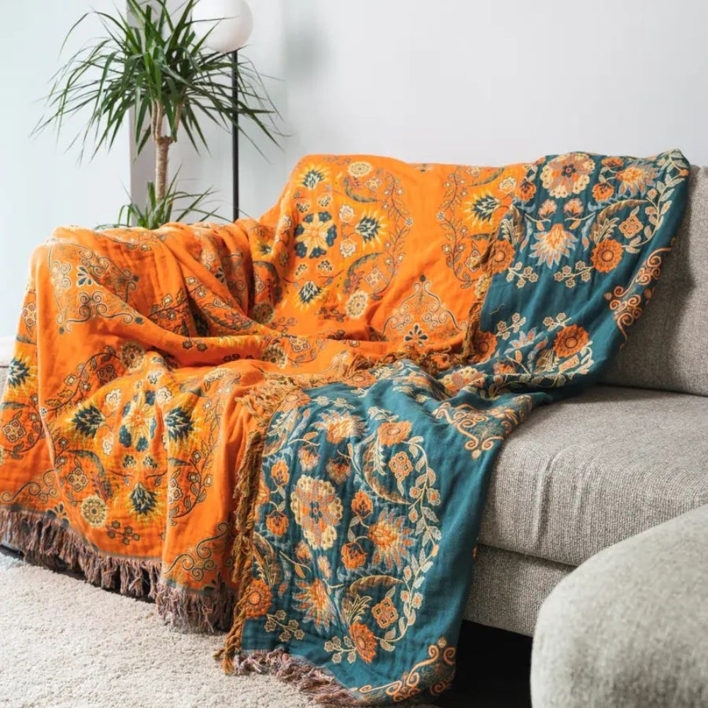 Reversible cotton throw blanket with fringe detail