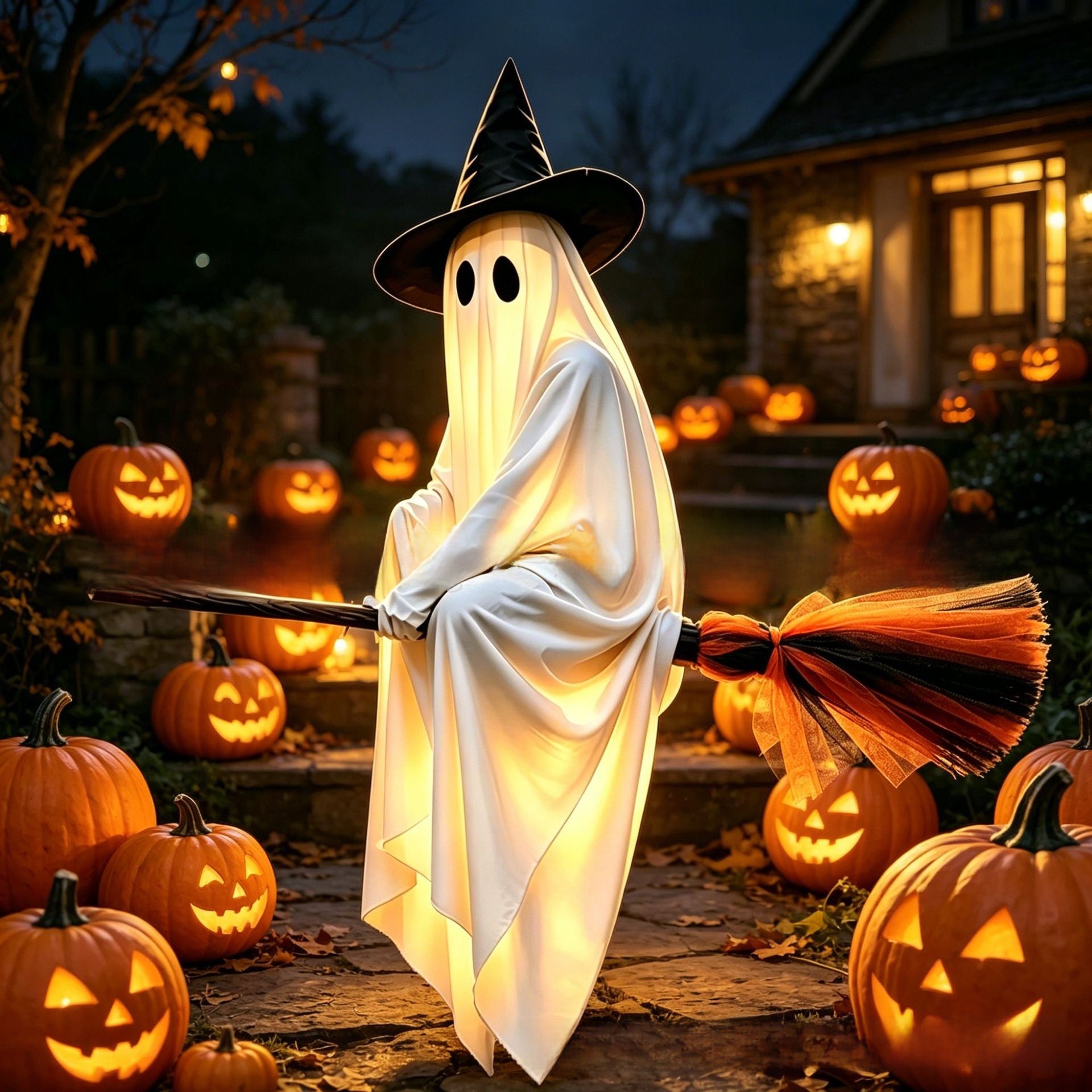 Lighted Ghost Halloween Decoration Outdoor Flying Broom Witch Hanging Yard Decor