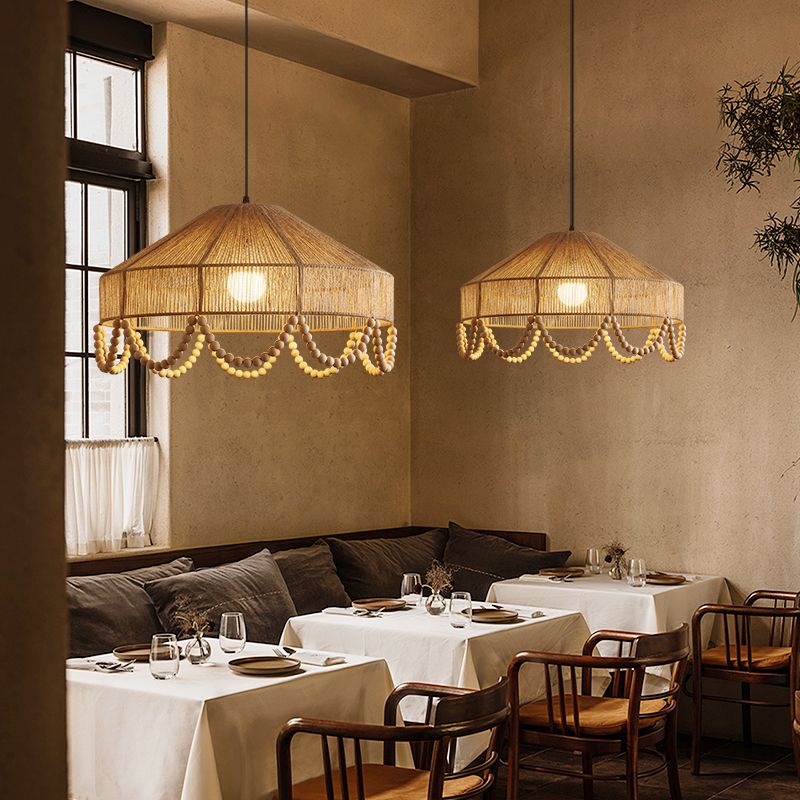 Rustic Pendant Light Jute Rope and Wood Dining Room Hanging Lamp Handwoven Farmhouse Ceiling Light