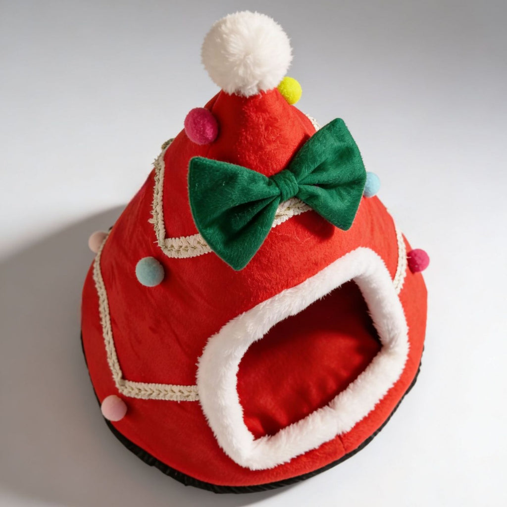 Christmas Cat Bed Warm Winter Pet Den with Bow Tie for Indoor Cats and Small Dogs