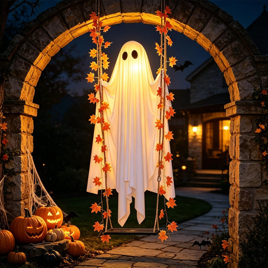 Lighted Ghost Hanging Halloween Decoration Outdoor Garden Tree and Yard Decor with Maple Leaves