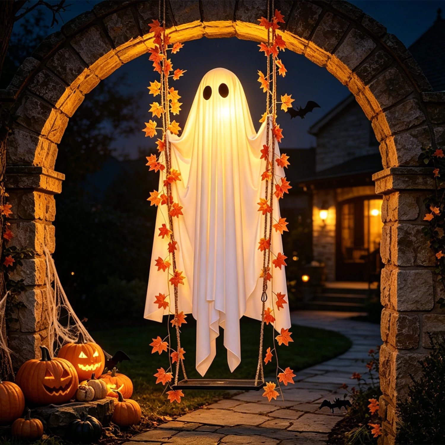 Lighted Ghost Hanging Halloween Decoration Outdoor Garden Tree and Yard Decor with Maple Leaves