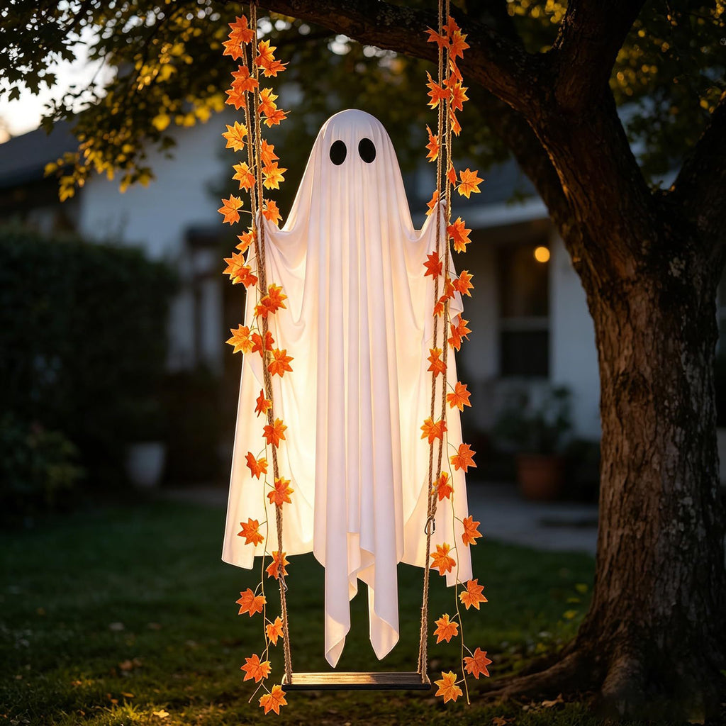 Lighted Ghost Hanging Halloween Decoration Outdoor Garden Tree and Yard Decor with Maple Leaves