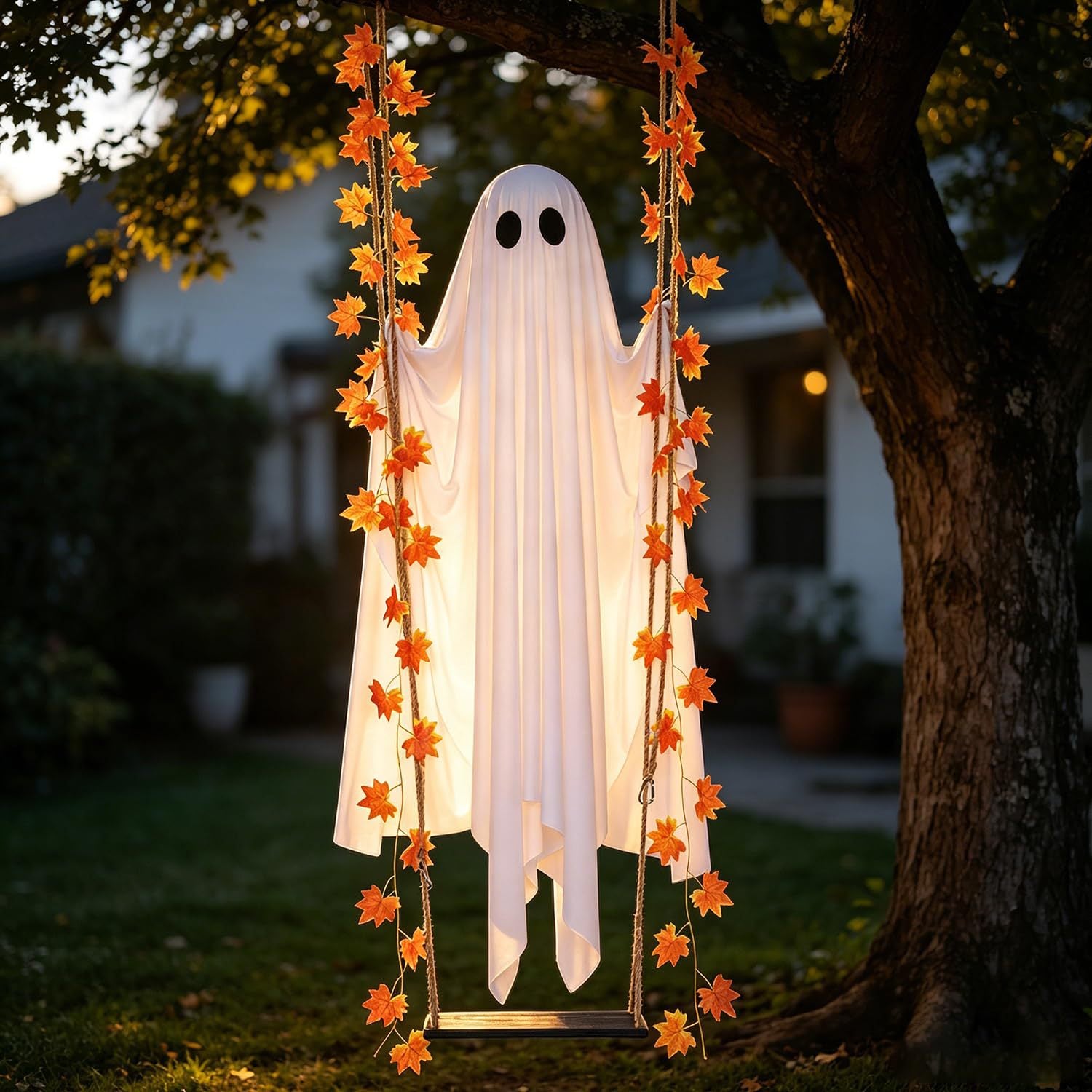 Lighted Ghost Hanging Halloween Decoration Outdoor Garden Tree and Yard Decor with Maple Leaves