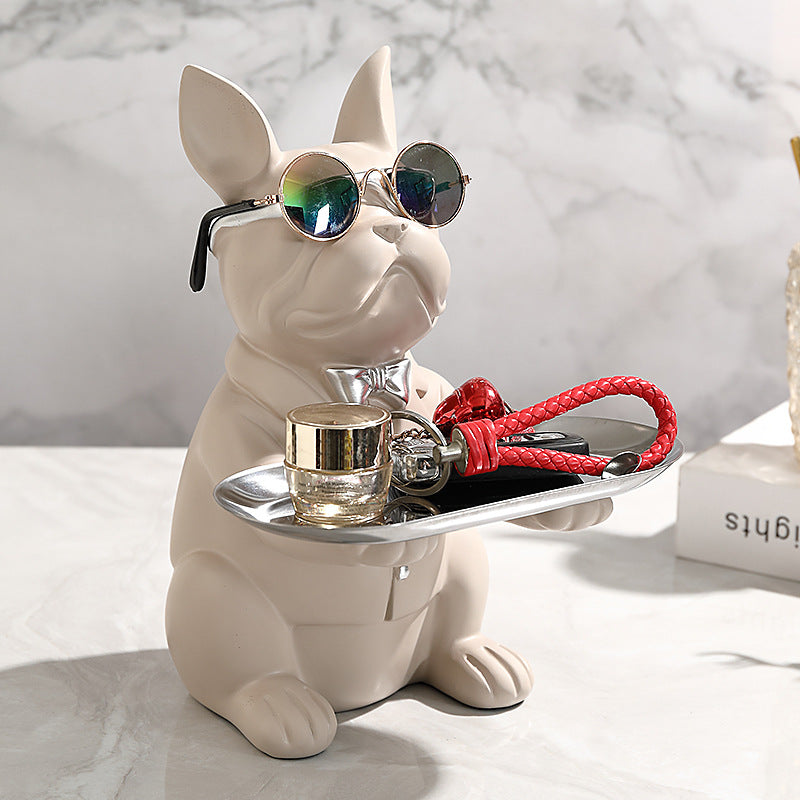 French Bulldog Statue with Tray Resin Dog Figurine Key Bowl for Entryway and Desk
