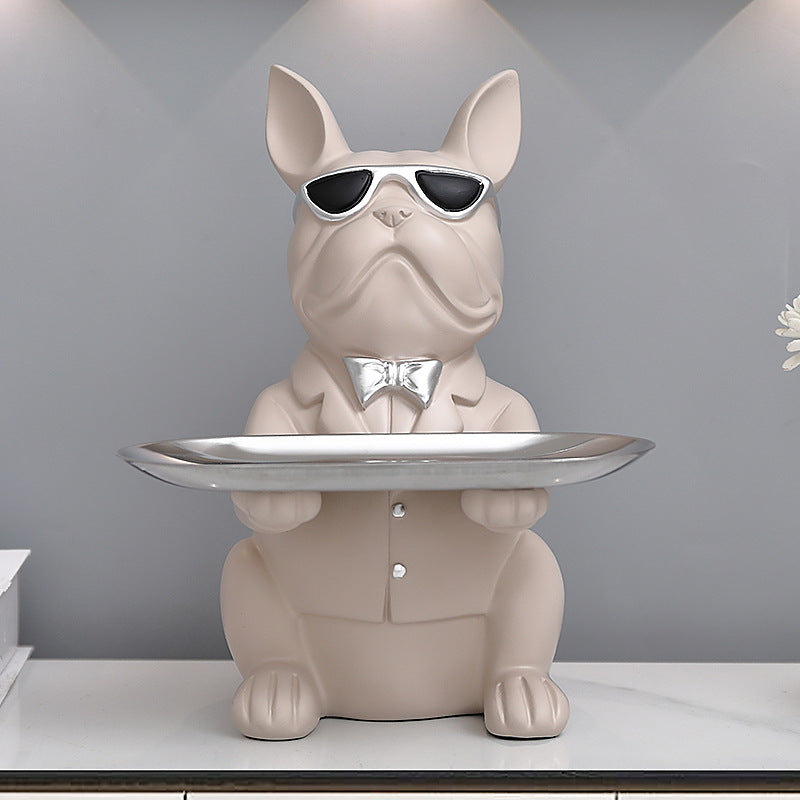 French Bulldog Statue with Tray Resin Dog Figurine Key Bowl for Entryway and Desk