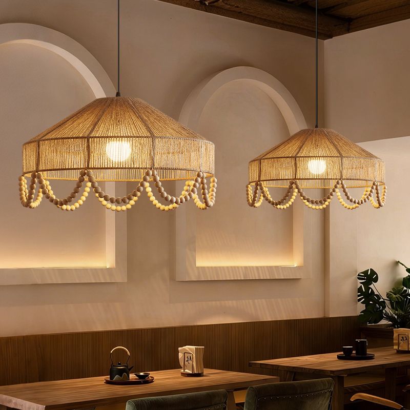 Rustic Pendant Light Jute Rope and Wood Dining Room Hanging Lamp Handwoven Farmhouse Ceiling Light
