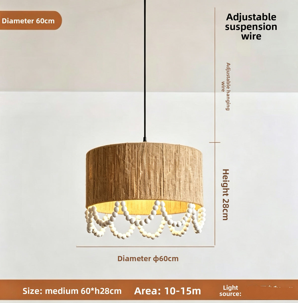 Rustic Pendant Light Jute Rope and Wood Dining Room Hanging Lamp Handwoven Farmhouse Ceiling Light