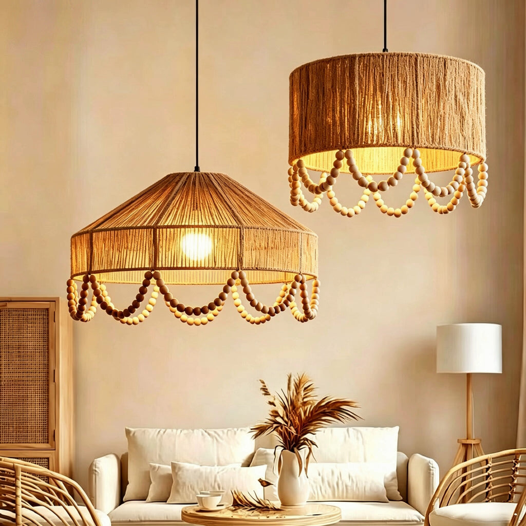 Rustic Pendant Light Jute Rope and Wood Dining Room Hanging Lamp Handwoven Farmhouse Ceiling Light