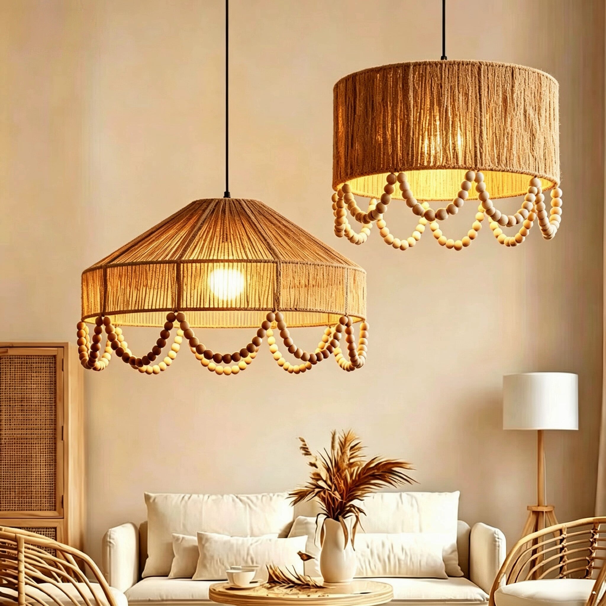 Rustic Pendant Light Jute Rope and Wood Dining Room Hanging Lamp Handwoven Farmhouse Ceiling Light