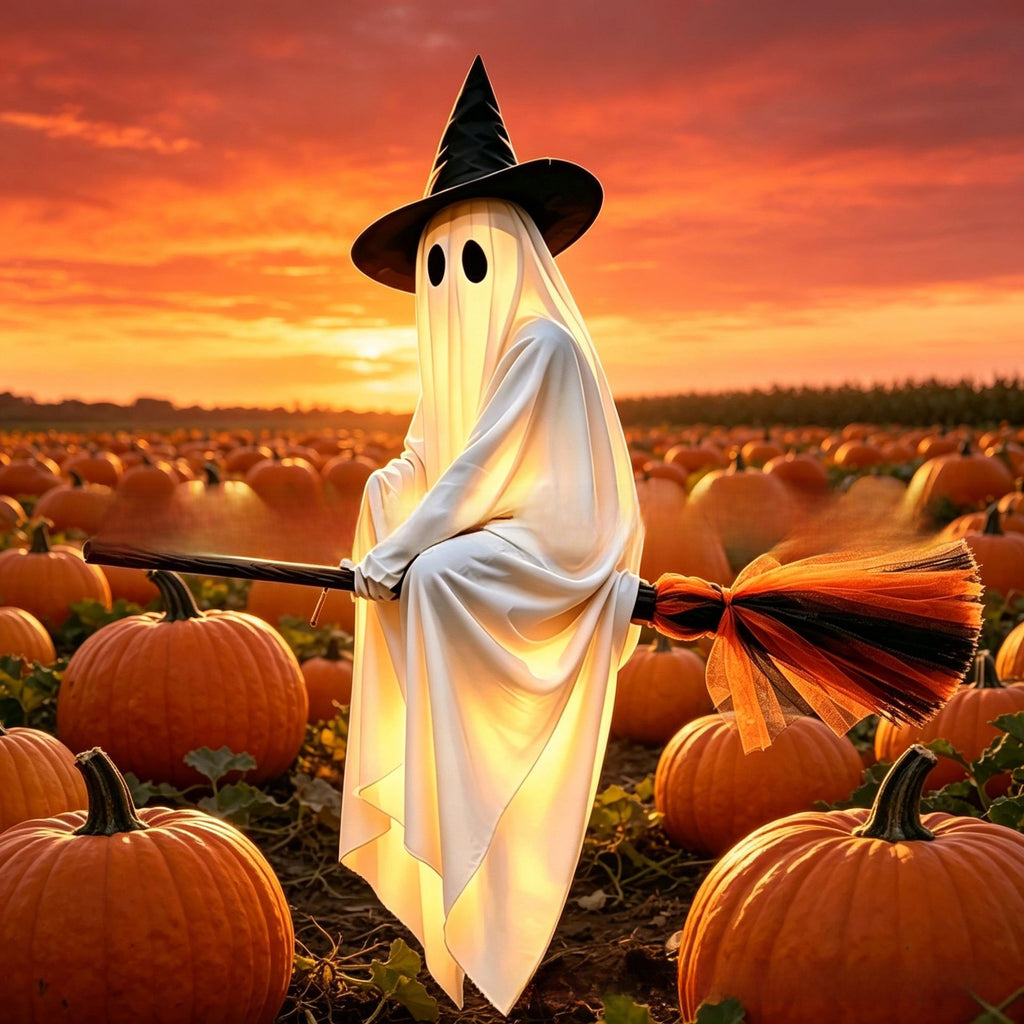 Lighted Ghost Halloween Decoration Outdoor Flying Broom Witch Hanging Yard Decor
