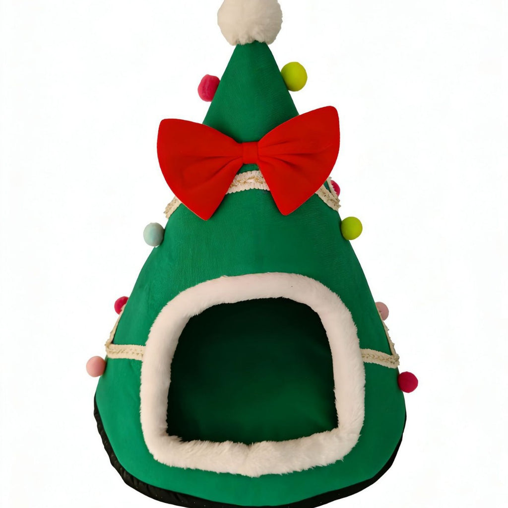 Christmas Cat Bed Warm Winter Pet Den with Bow Tie for Indoor Cats and Small Dogs