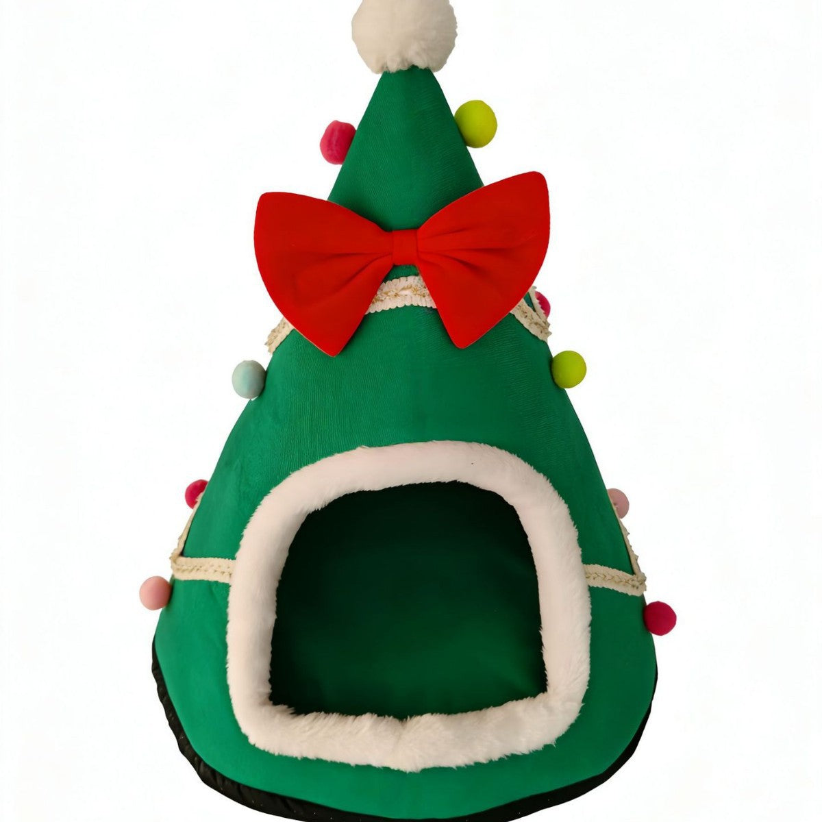 Christmas Cat Bed Warm Winter Pet Den with Bow Tie for Indoor Cats and Small Dogs