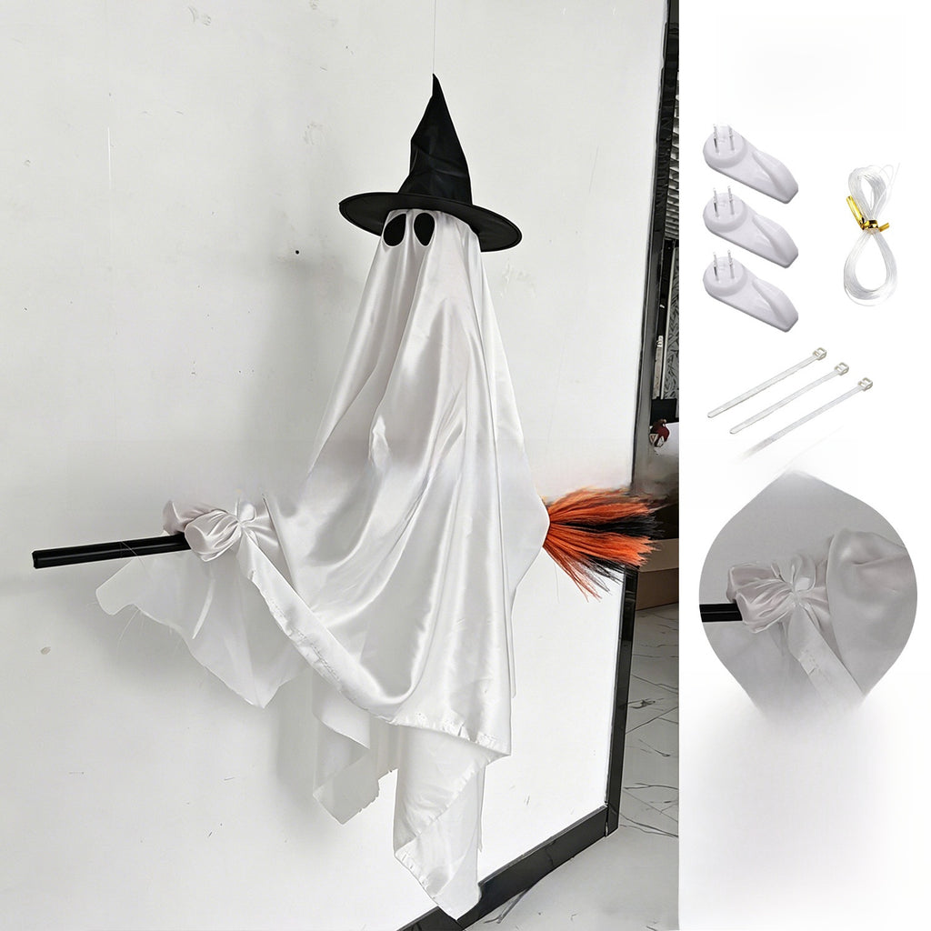 Lighted Ghost Halloween Decoration Outdoor Flying Broom Witch Hanging Yard Decor