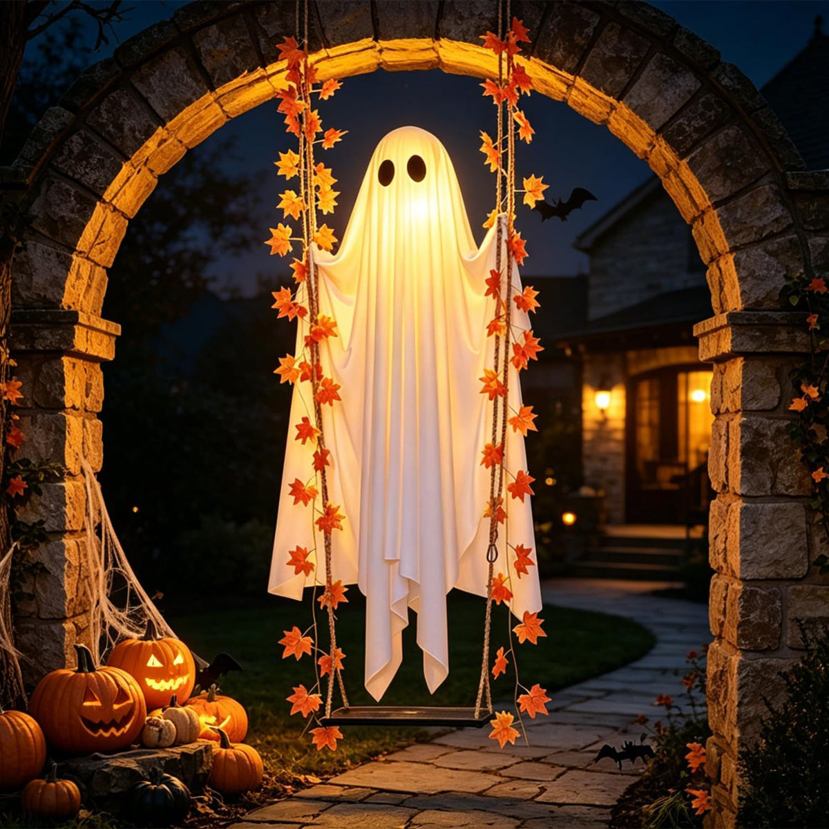 Lighted Ghost Hanging Halloween Decoration Outdoor Garden Tree and Yard Decor with Maple Leaves