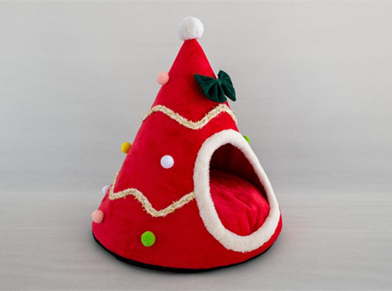 Christmas Cat Bed Warm Winter Pet Den with Bow Tie for Indoor Cats and Small Dogs
