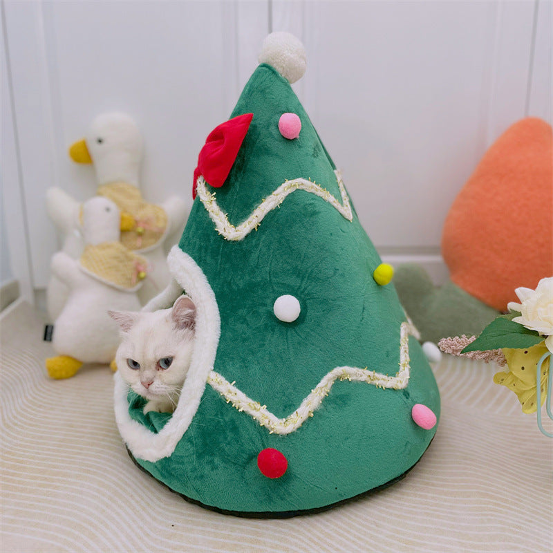 Christmas Cat Bed Warm Winter Pet Den with Bow Tie for Indoor Cats and Small Dogs
