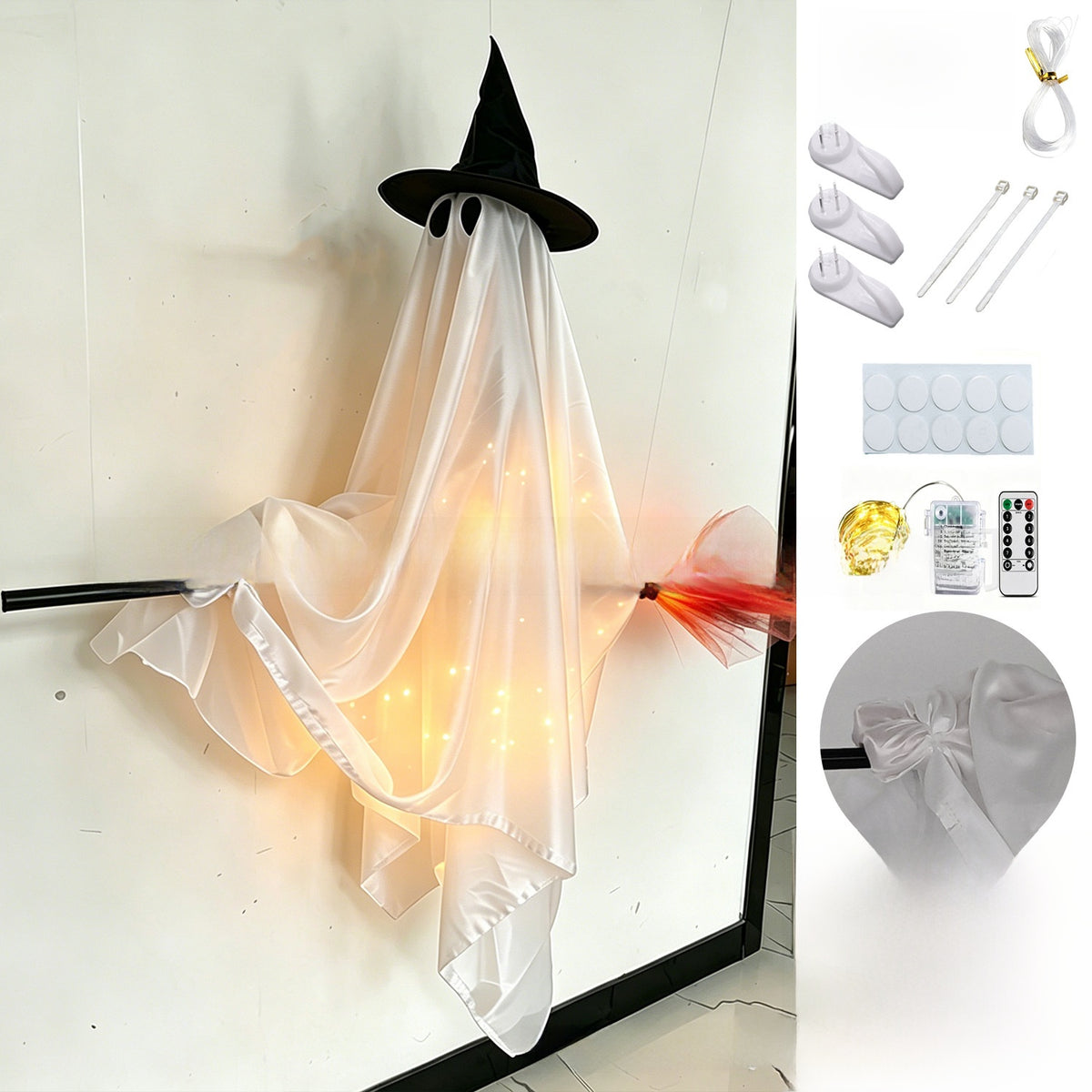Lighted Ghost Halloween Decoration Outdoor Flying Broom Witch Hanging Yard Decor