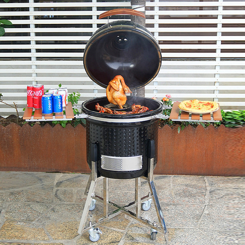 Ceramic Kamado Grill Stainless Steel Charcoal Barbecue Smoker for Garden