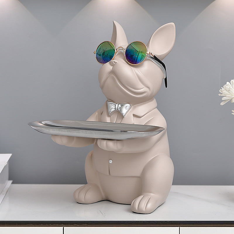 French Bulldog Statue with Tray Resin Dog Figurine Key Bowl for Entryway and Desk