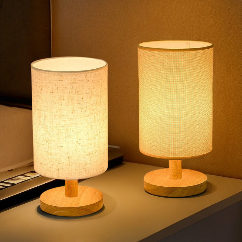 Nordic Wood Base Fabric Table Lamp USB LED Night Light