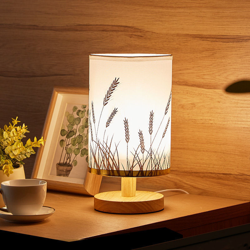 Nordic Wood Base Fabric Table Lamp USB LED Night Light