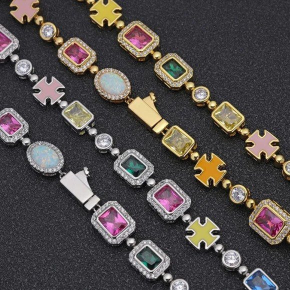 Gold Plated Gemstone Pendant Necklace Hip Hop Chain Jewellery