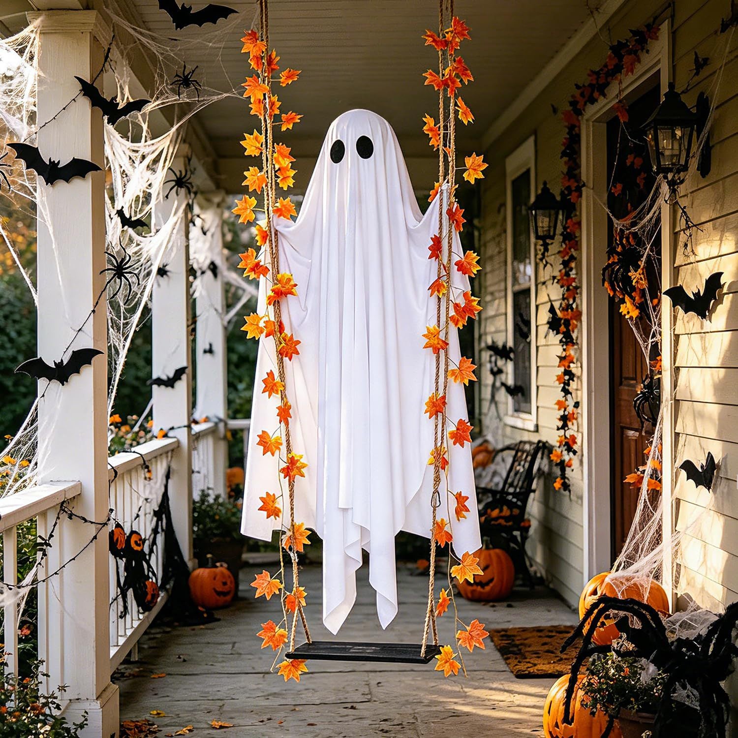 Lighted Ghost Hanging Halloween Decoration Outdoor Garden Tree and Yard Decor with Maple Leaves