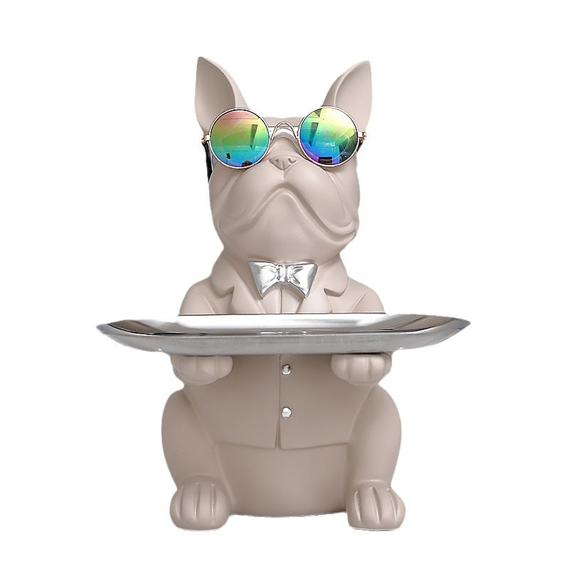 French Bulldog Statue with Tray Resin Dog Figurine Key Bowl for Entryway and Desk