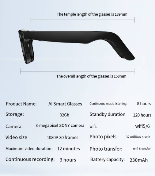 AI Camera Smart Glasses Hands Free Photo and Video Recording