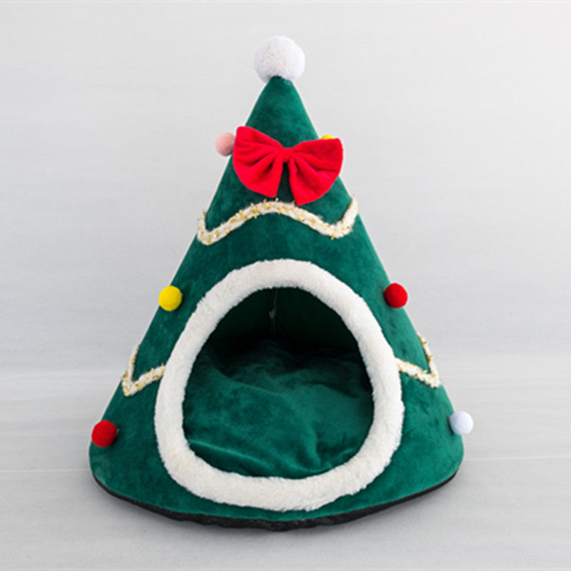 Christmas Cat Bed Warm Winter Pet Den with Bow Tie for Indoor Cats and Small Dogs