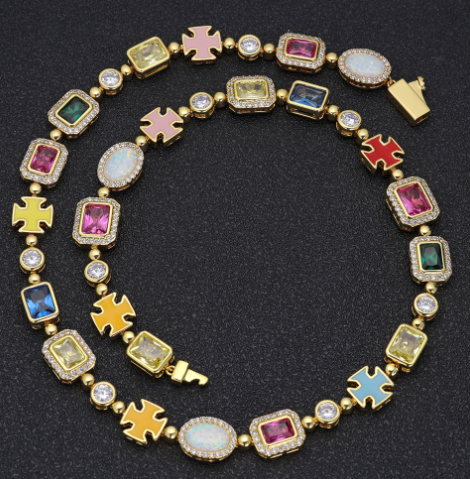 Gold Plated Gemstone Pendant Necklace Hip Hop Chain Jewellery