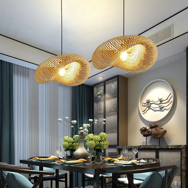 Bamboo Chandelier Japanese Straw Hat Shaped Hanging Lamp