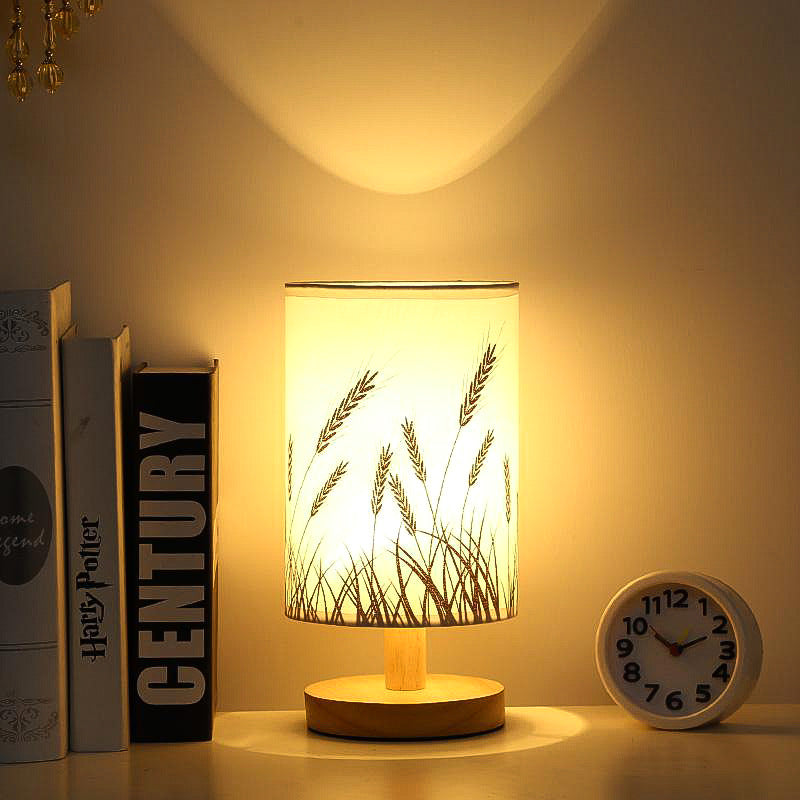 Nordic Wood Base Fabric Table Lamp USB LED Night Light