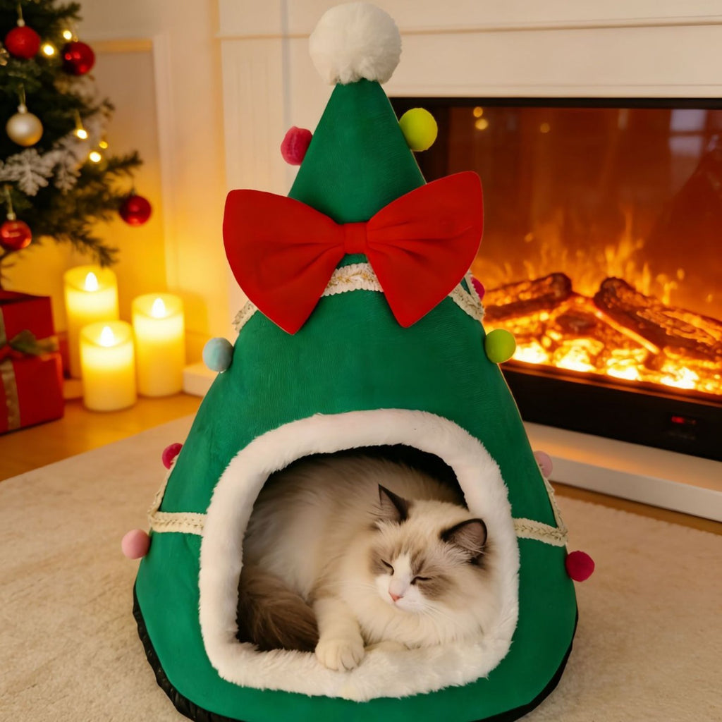 Christmas Cat Bed Warm Winter Pet Den with Bow Tie for Indoor Cats and Small Dogs