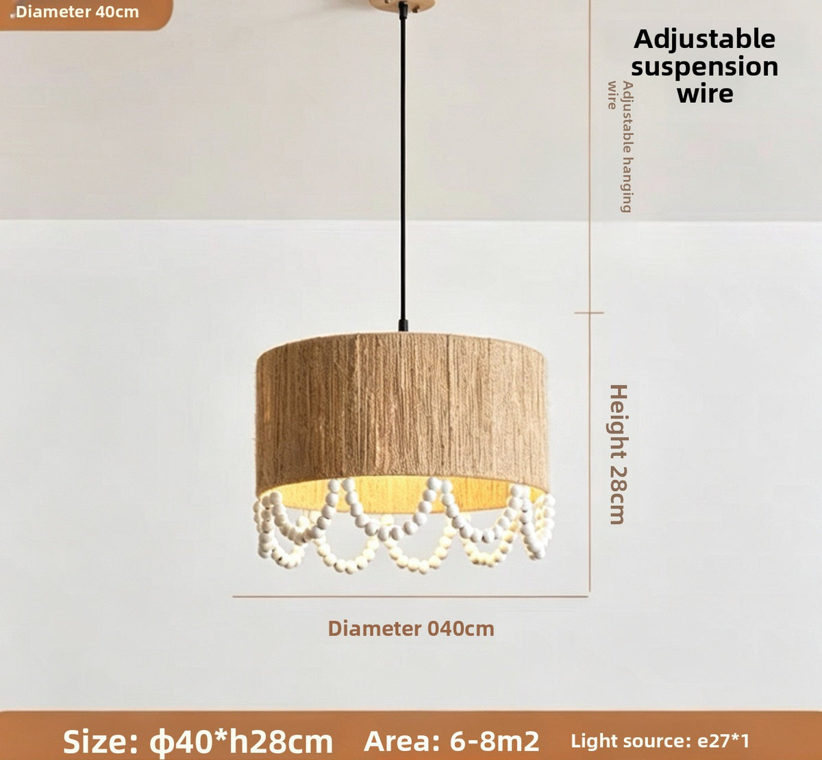 Rustic Pendant Light Jute Rope and Wood Dining Room Hanging Lamp Handwoven Farmhouse Ceiling Light