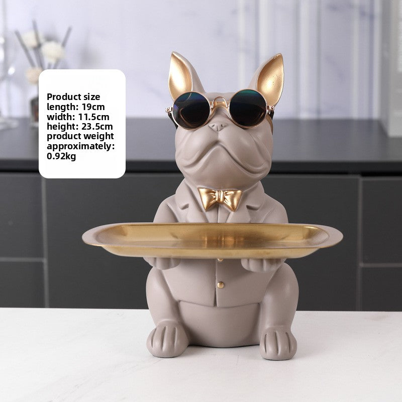French Bulldog Statue with Tray Resin Dog Figurine Key Bowl for Entryway and Desk