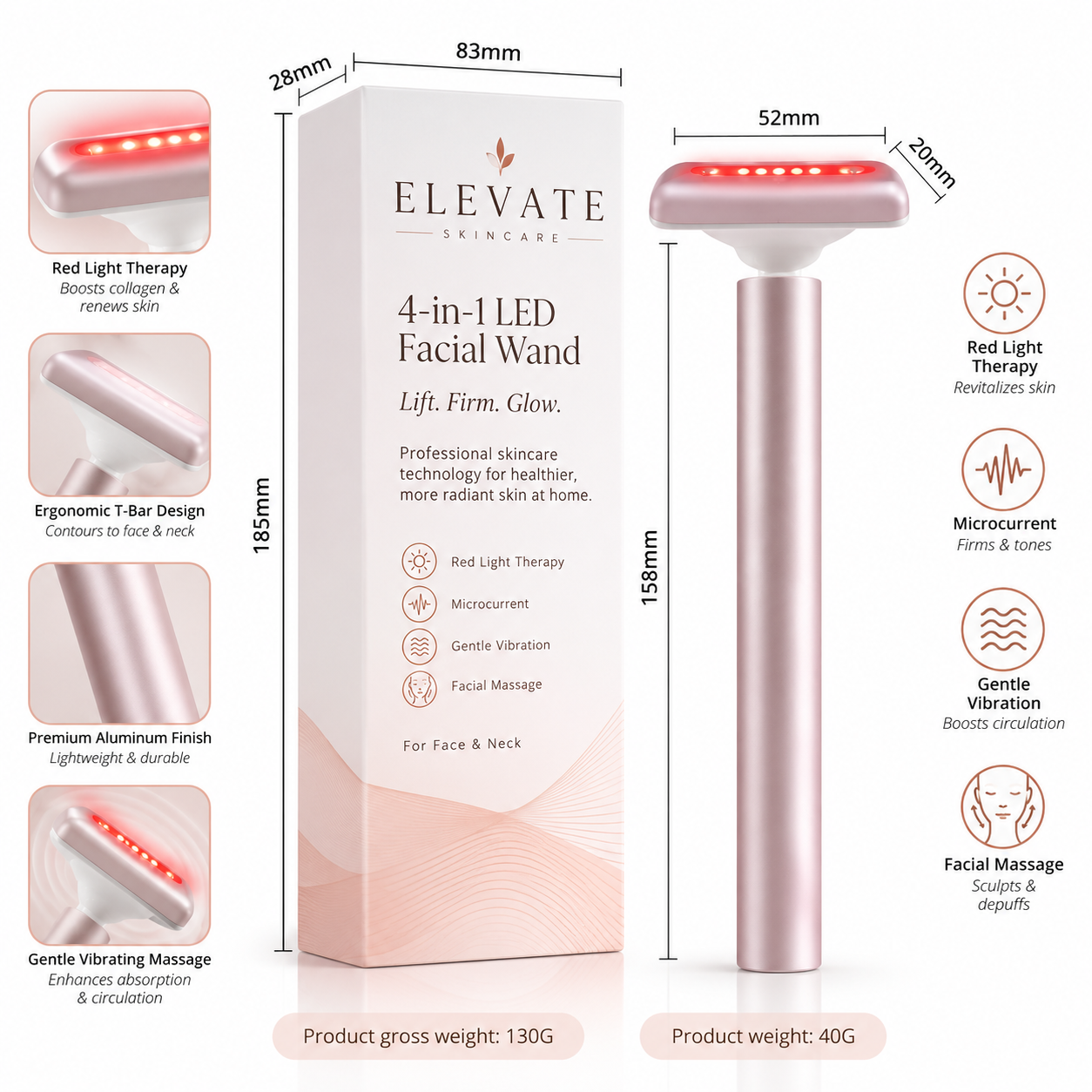 4-in-1 LED Facial Wand EMS Red Light Therapy Lighting Lamp