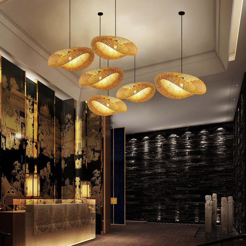 Bamboo Chandelier Japanese Straw Hat Shaped Hanging Lamp