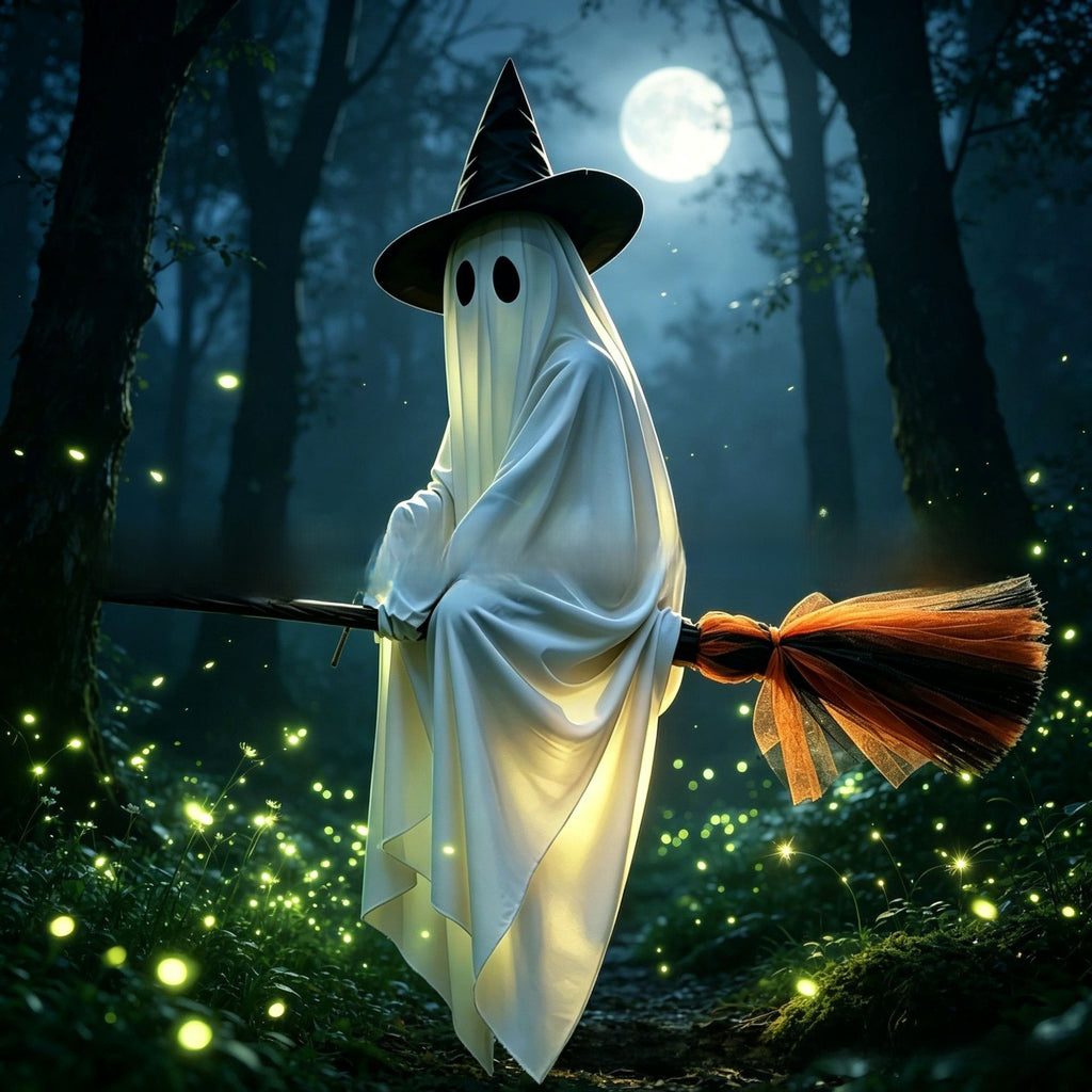 Lighted Ghost Halloween Decoration Outdoor Flying Broom Witch Hanging Yard Decor
