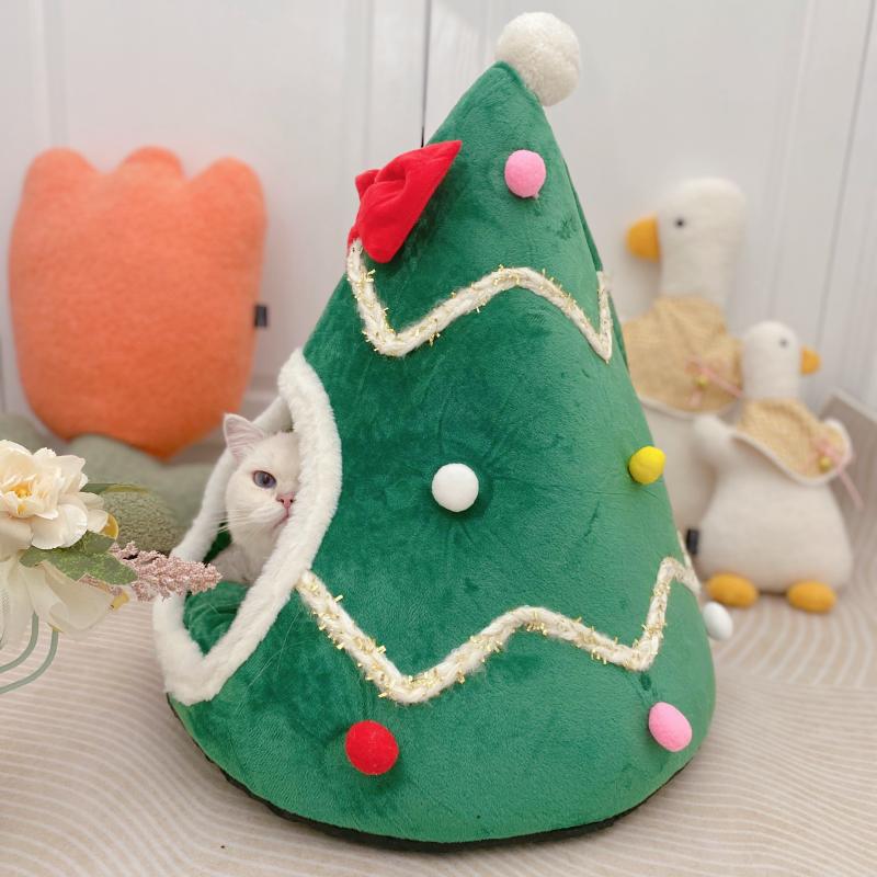 Christmas Cat Bed Warm Winter Pet Den with Bow Tie for Indoor Cats and Small Dogs