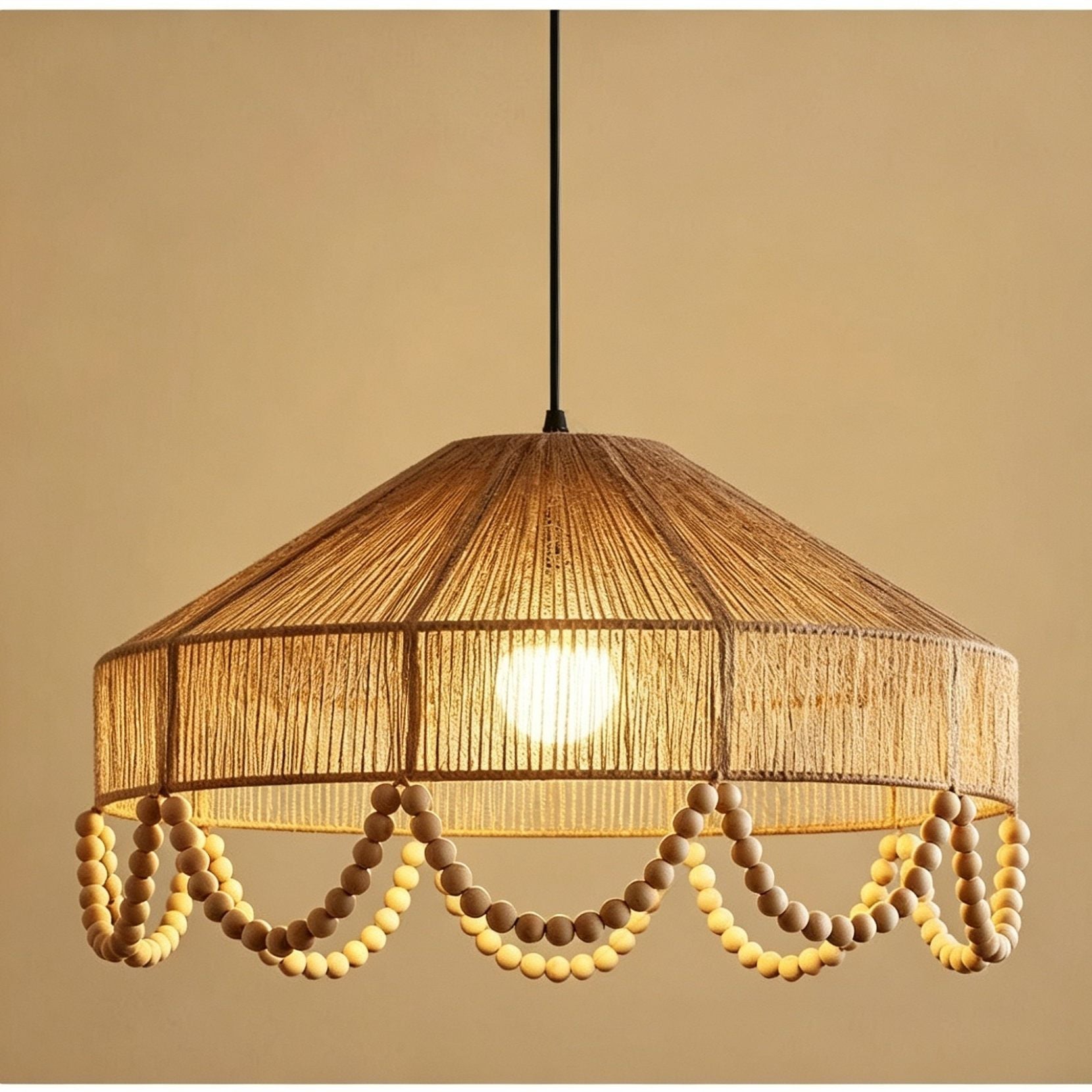 Rustic Pendant Light Jute Rope and Wood Dining Room Hanging Lamp Handwoven Farmhouse Ceiling Light