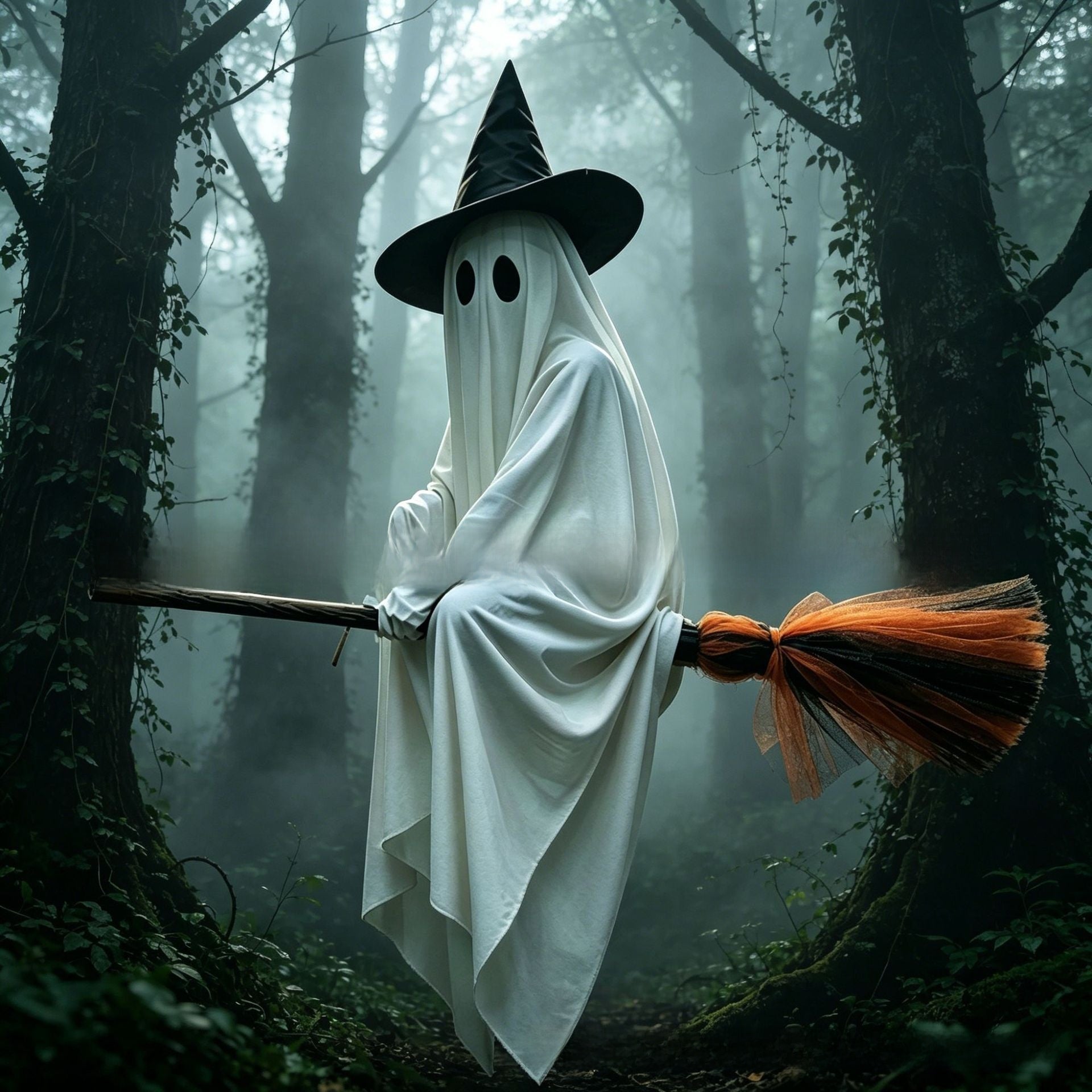 Lighted Ghost Halloween Decoration Outdoor Flying Broom Witch Hanging Yard Decor