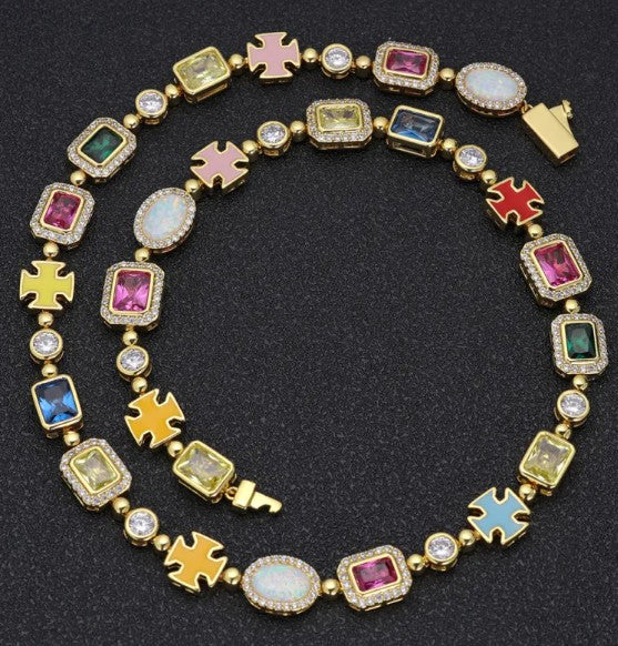 Gold Plated Gemstone Pendant Necklace Hip Hop Chain Jewellery