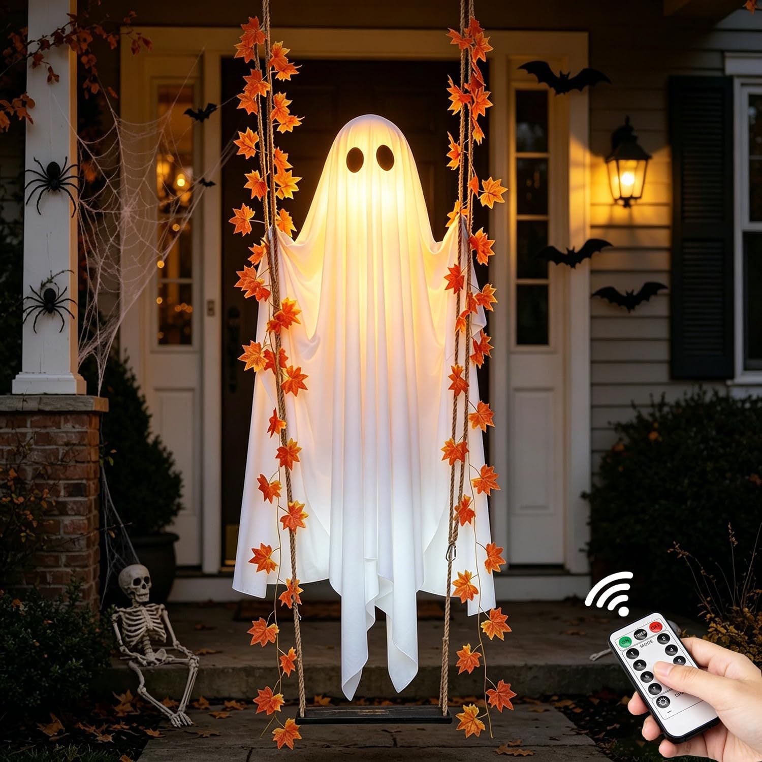 Lighted Ghost Hanging Halloween Decoration Outdoor Garden Tree and Yard Decor with Maple Leaves