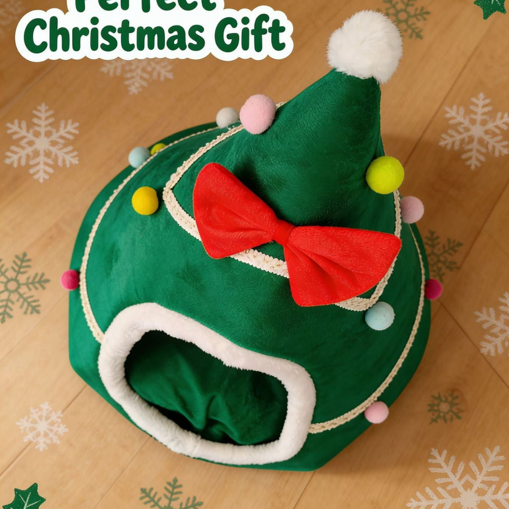 Christmas Cat Bed Warm Winter Pet Den with Bow Tie for Indoor Cats and Small Dogs