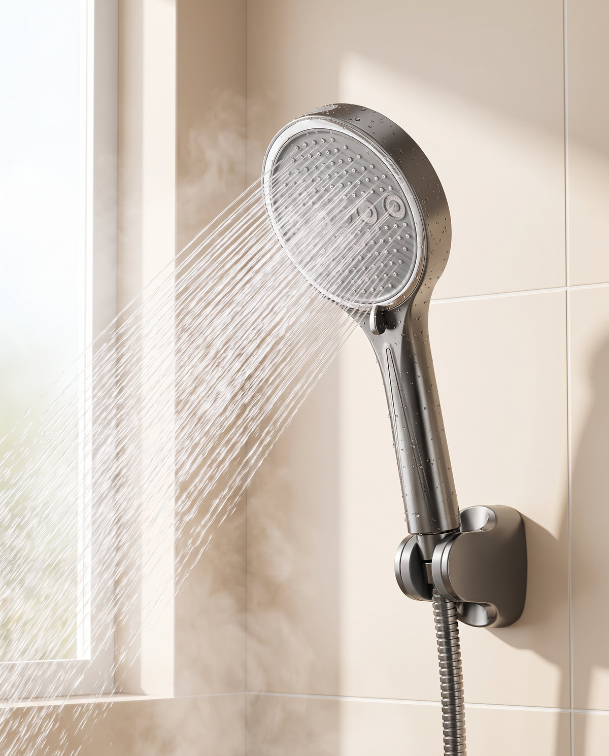 Cloverfen shower head running in a bright bathroom