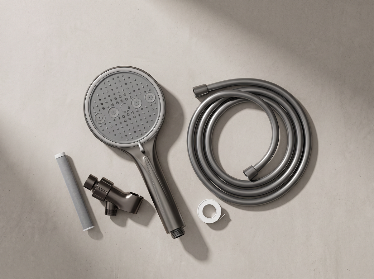 What is in the box: shower head, hose, wall arm, filter, tape