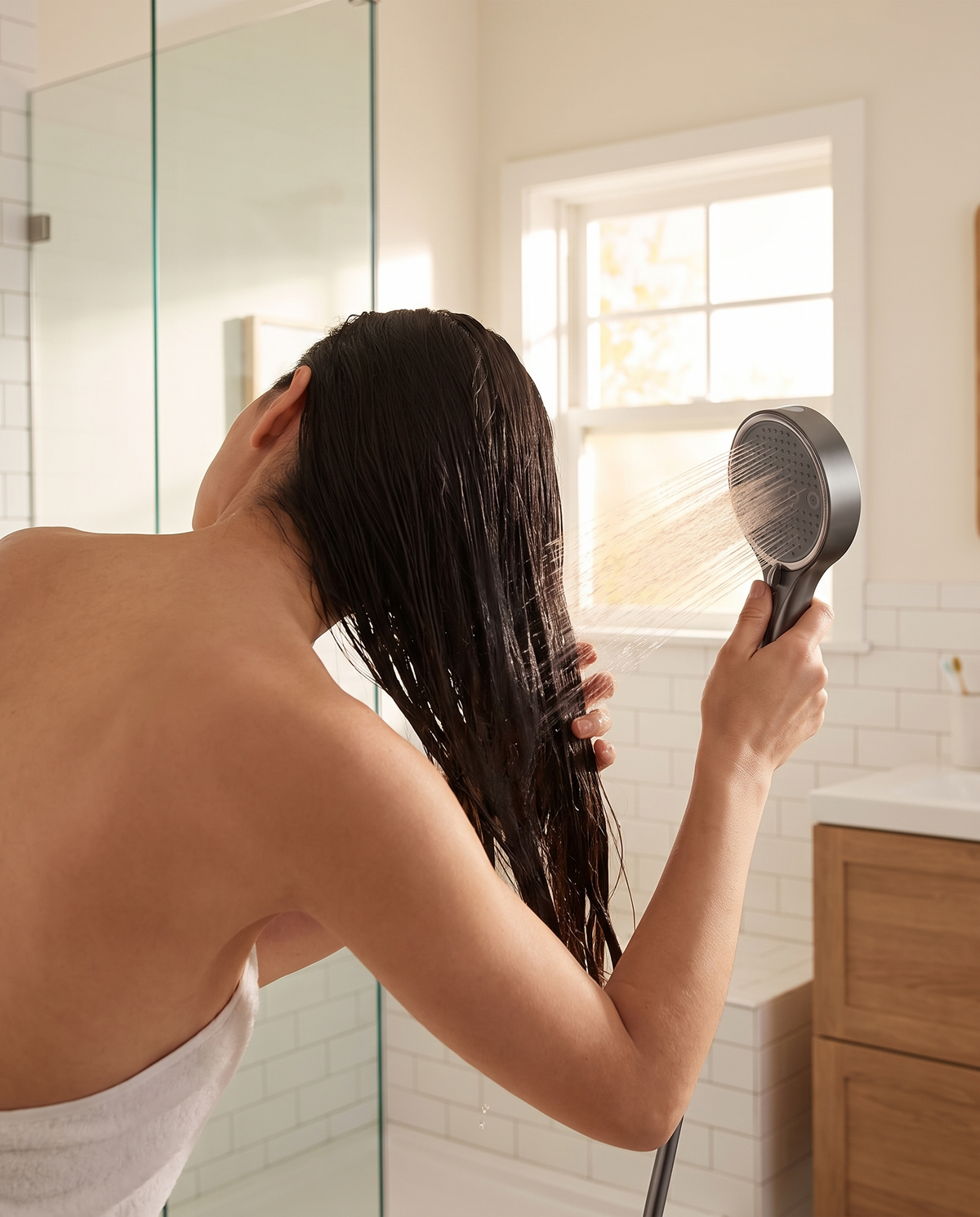 Rinsing long hair under the shower head